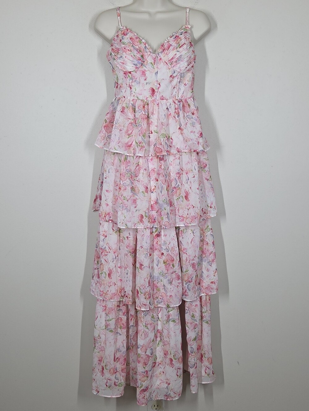 Birdy Grey Lola Dress Pink Floral Tiered Leg Slit Bridesmaid Romantic Formal S